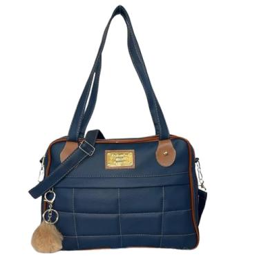 Imagem de Bolsa Feminina Elegante, Couro Sintético Marrom, Alça Transversal, Detalhe Pompom Rosa (Azul Marinho)