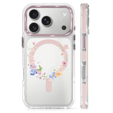 Imagem de casesok Capa para iPhone 17 Pro compatível com Magsafe, design estético claro bonito para meninas e mulheres, capa rígida protetora antiqueda para iPhone 17 Pro-Pastel Flores Anel Borboleta