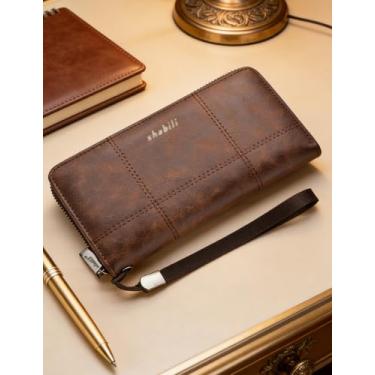 Imagem de Carteira masculina casual com bloqueio de RFID, carteira longa de couro com zíper único com vários compartimentos para cartão e grande capacidade, organizador funcional para uso diário (Cáqui profundo