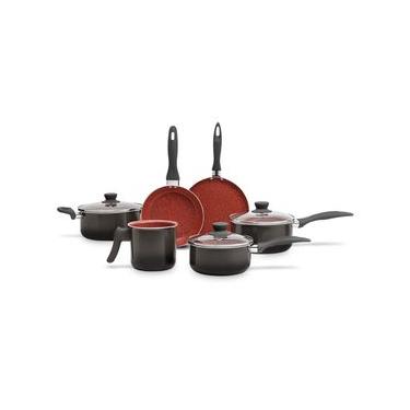 Imagem de Jogo de Panelas Brinox Antiaderente Ceramic Life 6 Peças Easy Carbono-Vermelho Preto