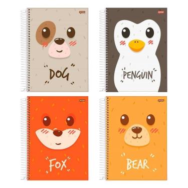 Imagem de Caderno Espiral Jandaia Universitário Capa Dura Cute Animals 1 Matéria 80 Folhas Embalagem com 4 Unidades