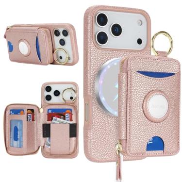 Imagem de Cavor Capa carteira compatível com MagSafe para iPhone 17 Pro Max com suporte para AirTag, 2 em 1 de couro PU, magnético, destacável, suporte para cartão, anel com suporte, zíper, capa de telefone