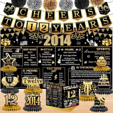 Imagem de Decorações de aniversário de 12 anos para menino, 18 peças de decoração de banner em ouro preto em 2014, pano de fundo de aniversário, faixa de 12 anos para filha e filho, cartão de aniversário, 6
