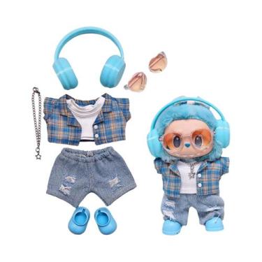 Imagem de Conjunto De Camisa Xadrez Azul E Jeans Rasgado Para Bonecos Labubu De 