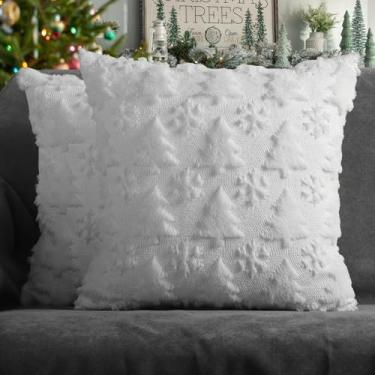 Imagem de 4TH Emotion Conjunto de 2 capas de almofada decorativas de árvore de floco de neve de Natal 50,8 x 50,8 cm, capas de almofada brancas de pelúcia sintética para decoração de casa de Natal e inverno