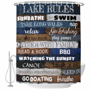 Imagem de Cortina de chuveiro Lake Rules on Wood Grain Conjunto de cortinas de chuveiro de madeira com texto rústico à prova d'água para banheiro decoração de banheira, acessórios de casa 182 x 182 cm