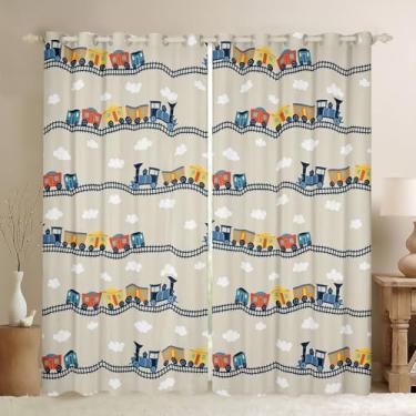 Imagem de Erosebridal Cortinas blackout de trem de desenho animado infantil 106 cm L x 163 cm C para meninos lindas cortinas temáticas kawaii, motor a vapor, tratamentos de janela, nuvens brancas, aguarela