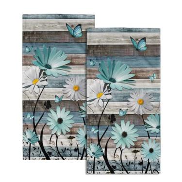 Imagem de Giwawa Toalhas de mão florais margaridas toalhas de chá de rosto de madeira rústica, conjunto de 2 panos absorventes de microfibra macia para lavar louça para cozinha, banheiro, academia, decoração