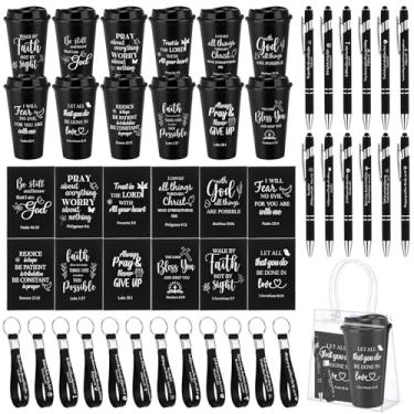 Imagem de Widecook 60 peças de presentes de igreja cristã em massa católica religiosa 473 ml, copos de escritura, versículo bíblico, canetas, cadernos, pulseira, chaveiro com sacos de PVC para mulheres e homens