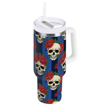 Imagem de SEHANY Copo de caveira e rosas de 1,18 l com alça, copo isolado de aço inoxidável a vácuo de parede dupla, à prova de vazamento, caneca de café isolada para viagem cabe no suporte de copo de carro