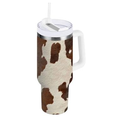 Imagem de SEHANY Copo de vaca marrom e branco de 850 g com alça, copo isolado de aço inoxidável a vácuo de parede dupla, à prova de vazamento, caneca de café isolada para viagem cabe no suporte de copo de carro