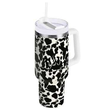 Imagem de SEHANY Copo preto e branco com estampa de vaca de 850 g com alça, copo isolado de aço inoxidável a vácuo de parede dupla, à prova de vazamento, caneca de café isolada para viagem cabe no suporte de