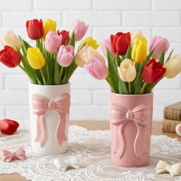 Imagem de 2 peças de vaso de cerâmica com laço rosa e branco, suporte de caneta, pincel de maquiagem, presentes de dia dos namorados, presente feminino para casamento, casa, escritório, prateleira, mesa (laço