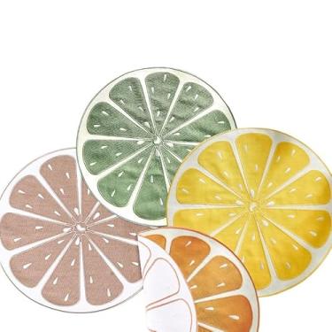 Imagem de Jogo americano de linho, conjunto de 4, tapetes de mesa de serapilheira natural com padrão de fatias de frutas, tapetes de jantar espessos resistentes ao calor e antiescaldantes, decoração de cozinha