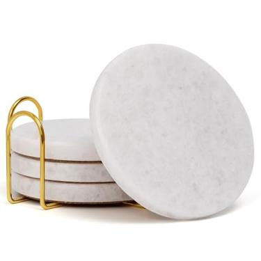 Imagem de YONGHEE Conjunto de 4 porta-copos de mármore branco com suporte, porta-copos de mármore redondos modernos elegantes para decoração de mesa de café, porta-copos de pedra semiabsorvente para bebidas, 10