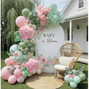 Imagem de Balões verdes azuis rosa para primavera verão boho chá de bebê Páscoa balões de bebê em flor, decorações de festa de chá de aniversário
