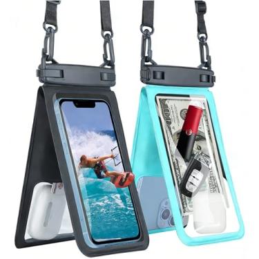 Imagem de Bolsas de telefone à prova d'água, pacote com 2 capas de telefone IPX8 com espaço duplo, bolsa seca para celular com cordão transversal no pescoço, bolsa de praia à prova d'água para cruzeiro, férias
