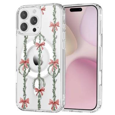 Imagem de OFQKOAKS Capa para iPhone 17 Pro Max, compatível com MagSafe, linda capa de telefone magnética com laço de guirlanda de Natal, capa protetora fina e macia para mulheres e meninas
