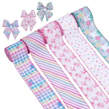 Imagem de PH PandaHall 5 estilos 22,85 m primavera Páscoa fita 6,3 cm flor coelho borda fio fita pastel fitas com fio laço listras artesanato fitas decorativas para presente grinaldas cestas cabelo laço costura