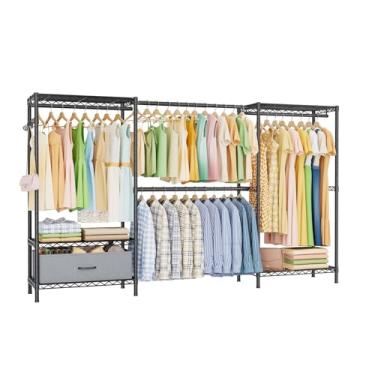 Imagem de Golpart Arara de roupas, organizador de armário e armazenamento de lavanderia, suporte de roupas portátil resistente para pendurar roupas, ajustável, independente com prateleiras e rodas, preto