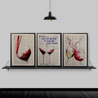 Imagem de Kit 3 Quadros Vinhos Life Is Too Short 45X34Cm - Com Vidro