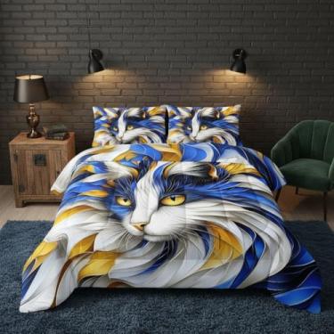 Imagem de QOOMO Jogo de cama com desenho animado de gato, estampa de animal fofo, para decoração de quarto de meninos, meninas, adolescentes, tamanho casal, 1 edredom e 2 fronhas