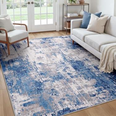 Imagem de RELEANY Tapetes laváveis, quadrados, 2,1 m, antiderrapantes, modernos, abstratos, macios para sala de estar, entrada, quarto, berçário, padrão estampado, azul, cinza, azul-marinho