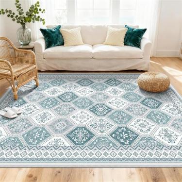 Imagem de TTelephant Tapetes de área de 15 x 23 cm para sala de estar, macio, antiderrapante, vintage, boêmio, marroquino, estampado, lavável, azul-petróleo para sala de estar, quarto, sala de jantar, sala de