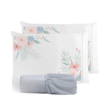 Imagem de Kit Jogo De Cama Lençol Liso Fronha Estampada Micropercal 400 Fios Ponto Palito(Flor Rosê Lençol Cinza,Casal King 03 Peças)