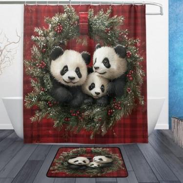 Imagem de xigua Lindo conjunto de tapetes de cortina de banho de guirlanda de Natal panda 2 peças, conjunto temático de banheiro (152 x 182 cm) com cortina de chuveiro e tapete antiderrapante -12 ganchos506