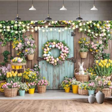 Imagem de JAWO Cenário de fotografia de primavera de Páscoa, fundo de ovos de coelho com grama floral, porta de celeiro rústica, fundo de ovos coloridos para aniversário, chá de bebê, decoração de festa de