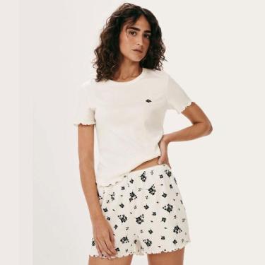 Imagem de Pijama Feminino Curto Hering Frufru Floral, Bege claro, M