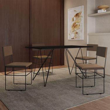 Imagem de Mesa Jantar Industrial Trama 1,40x0,80m Preta Com 4 Cadeiras Estofadas Vitória Marrom E Preta Marrom