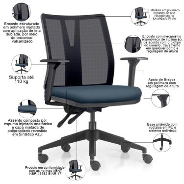 Imagem de Cadeira De Escritório Giratória Diretor Flow F02 Base Preta Sintético Azul - Lyam Decor