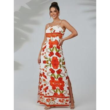 Imagem de Vestido Longo Feminino Com Fenda Floral Elegante Alcinha Verão Moderno
