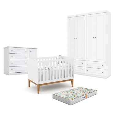 Imagem de Quarto De Bebê Americano 4 Portas Com Berço Americano Unique Branco Soft Eco Wood - Matic - Henn E Colchão Gazin
