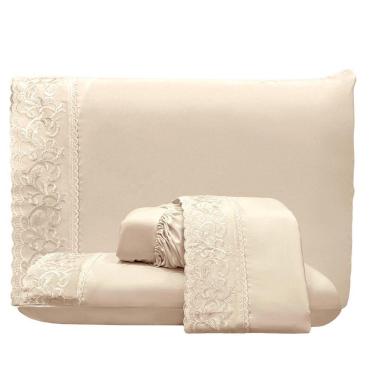 Imagem de Jogo De Lençol Dunna Queen 4 Peças Percal 300 Fios Bordado Inglês Macio - Pérola - 100% Poliéster