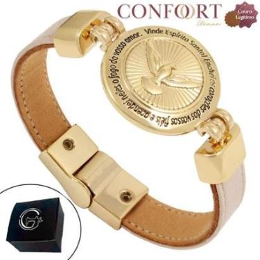 Imagem de Pulseira Magnética de Couro Bege Preto Medalha Vosso Amor Dourado-Unissex