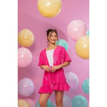 Imagem de Conjunto Infantil Menina Kimono + Regata e Shorts Marias - Rosa Pink -