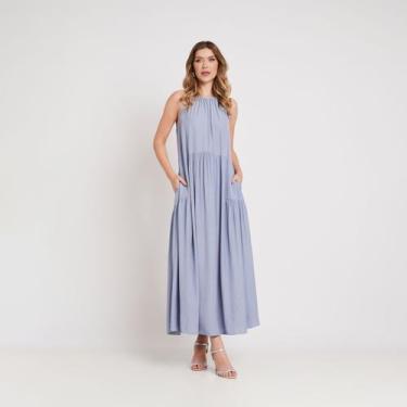 Imagem de Maxi Vestido Longo Boho Azul Claro Franzido sem Manga Miss Joy 8341, A