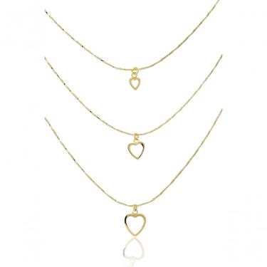 Imagem de Colar Triplo De Corações Vazados Banhado Em Ouro 18k [f027]