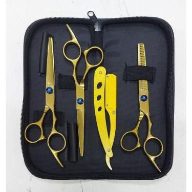 Imagem de Kit 3 Tesouras Profissionais Fio Navalha Desfiadeira Coloridas Dourado
