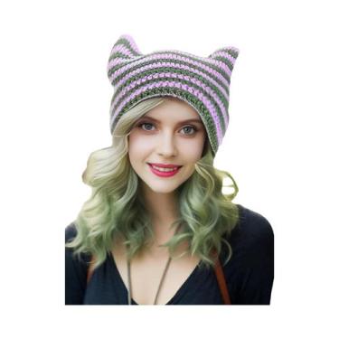 Imagem de Gorro Feminino Com Orelhas De Gato Y2K Listrado De Tricô Quente De Inv