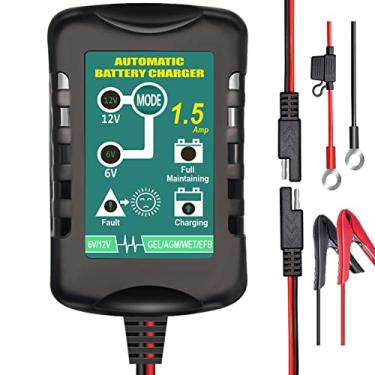 Imagem de TPE Carregador de Bateria Automático 6V 12V 1.5A, Trickle Charger para AGM Gel SLA VRLA Flood Lead-Acid Baterias, Início Automático e Manutenção para Motocicletas, Carros, Barcos, etc.