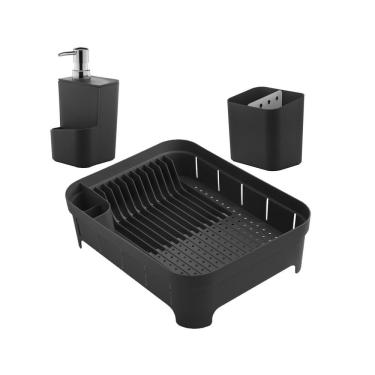 Imagem de Kit Escorredor De Louças Talheres Copos Dispenser Porta Detergente Pia Cozinha Preto - Ou