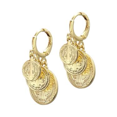 Imagem de Brinco Folheado a Ouro Argola 3 Medalhas São Bento - Semijoias