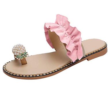 Imagem de Sandálias femininas femininas femininas estilo boêmio planas pérolas chinelos sapatos de praia grandes chinelos confortáveis para mulheres (rosa, 39-40)