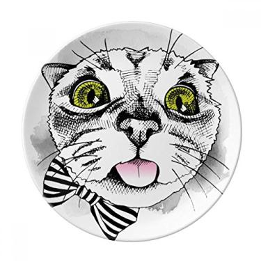 Imagem de Tougue Bow Prato de porcelana decorativa para amantes de animais de estimação com proteção de gato branco