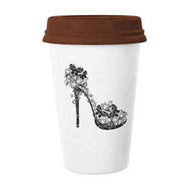 Imagem de Sapatos de salto alto flor padrão borboleta caneca café copo cerâmica copo tampa