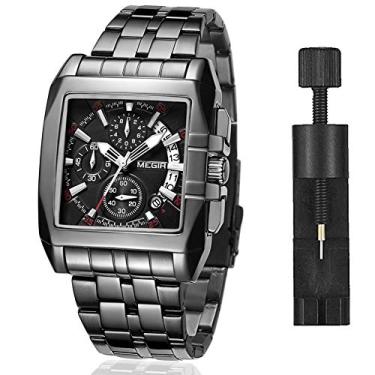Imagem de MEGIR Relógio Masculino Luxo Retangular de Quartzo Moda Cronógrafo Função Luminoso Calendário à Prova D'agua com Aço Inoxidável Preto Relógio
